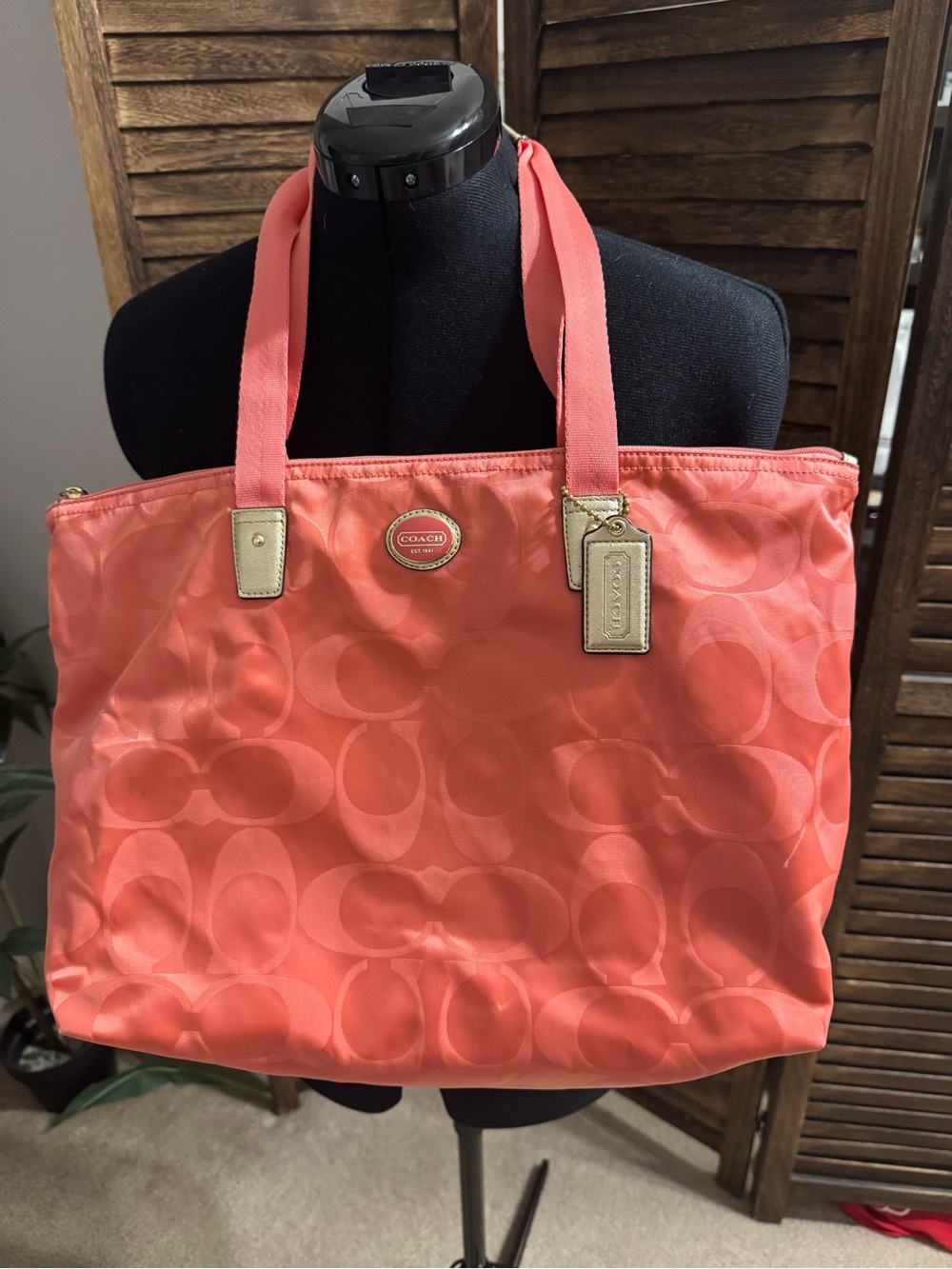 Coral-Orange Signature Tote with Gold Accents